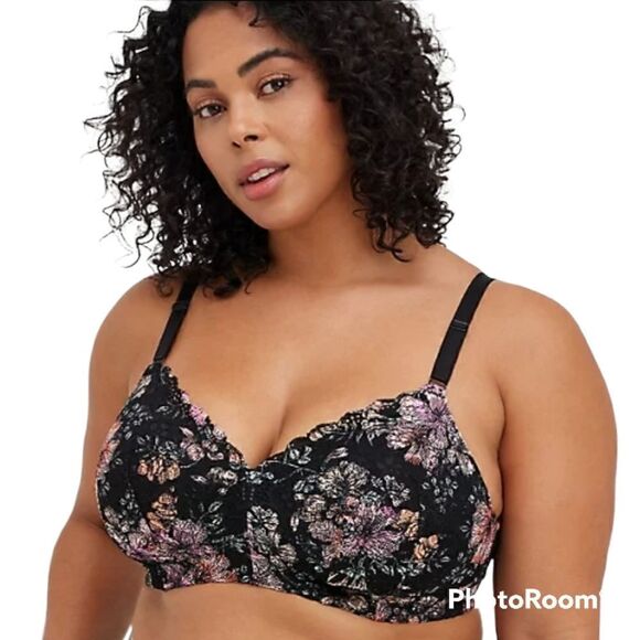 44DD Lace Wireless Bra Lingerie Boudior Lightly Lined Lace Back Smoothing Floral - Picture 1 of 7